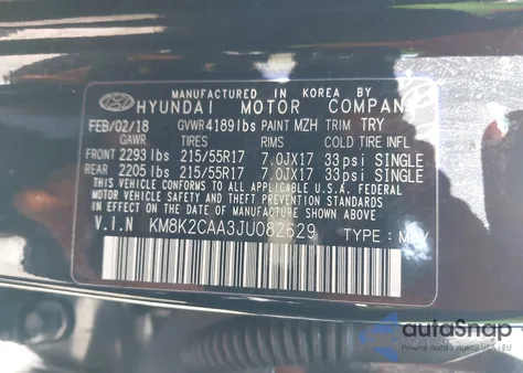 2018 Hyundai Kona Sel из США, поврежденный, VIN KM8K2CAA3JU082629